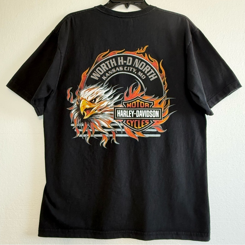 Vintage 2005 Harley Davidson Worth H-D Kansas City Flame Eagle Tee Black Large